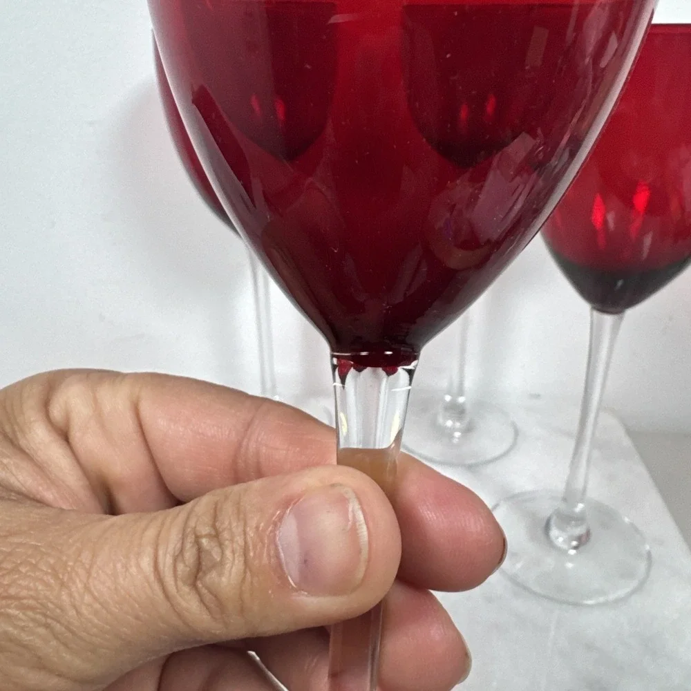 4 Red Glass Stemware Clear Stems Size 8 3/8